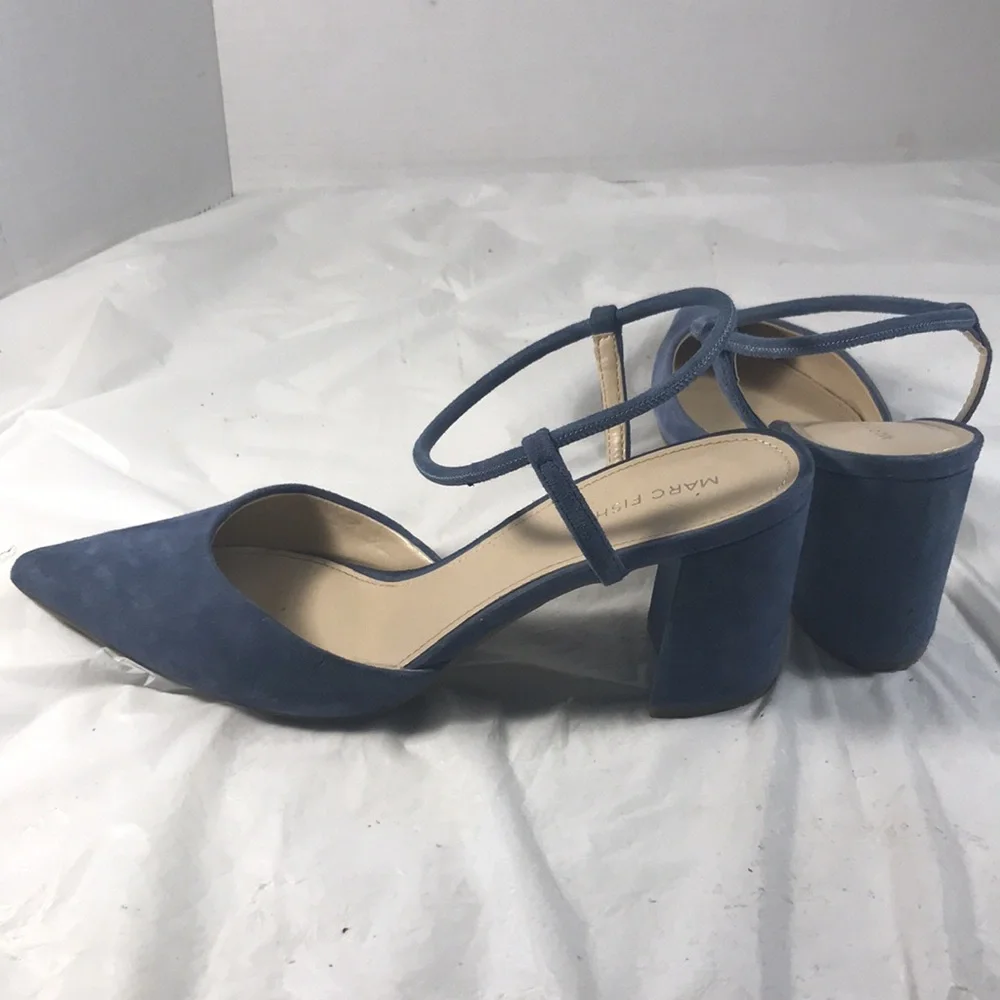 Marc Fisher LTD. Women’sMarlon Blue Suede Strappy  Pointy Toe Chunky Heels Shoes